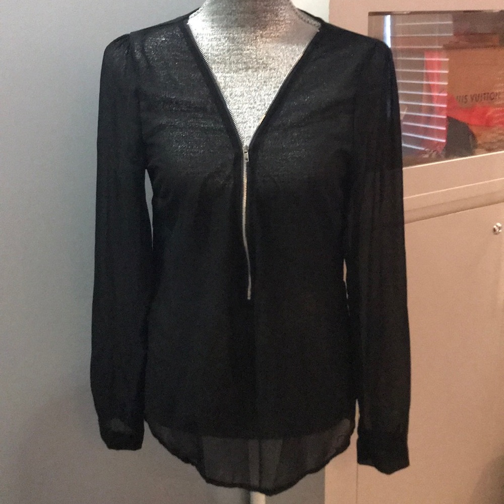 Black Long Sleeve Sheer Zippered Blouse